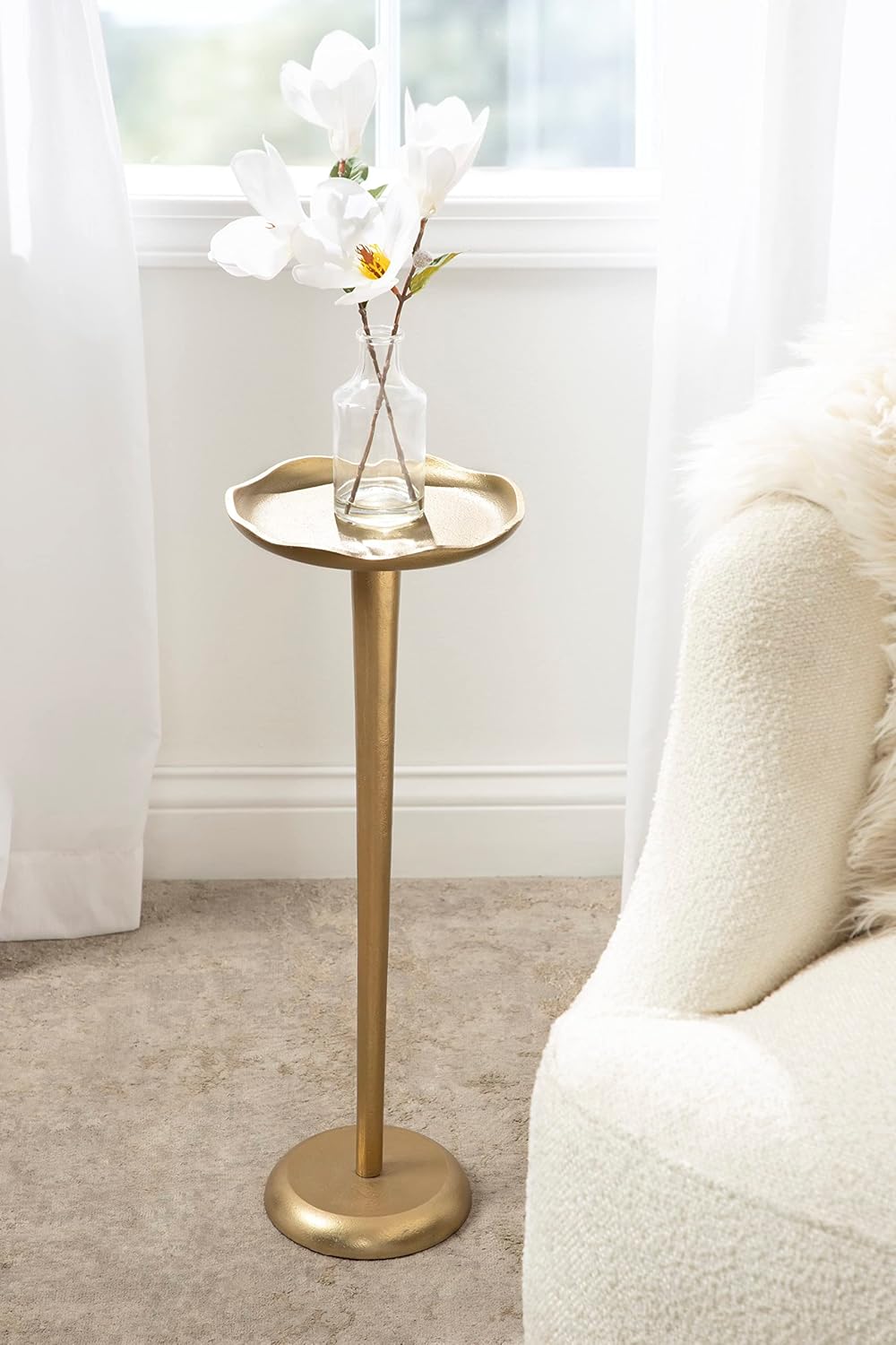 Kate and Laurel Alessia Modern Decorative Metal Drink Table; 8 x 8 x 22; Gold; Stunning Cast Aluminum Pedestal Plant Stand with Rough Texture and Deckled Edge