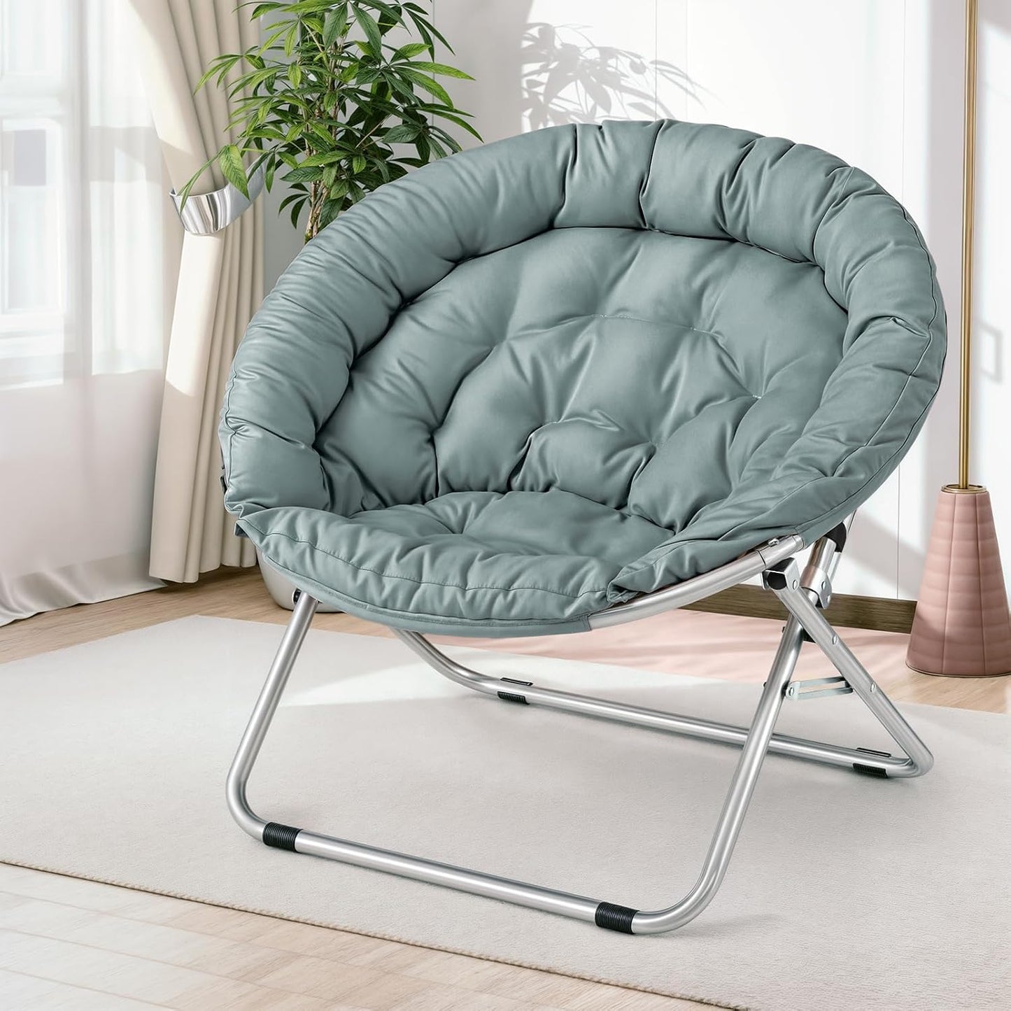 MoNiBloom Round Folding Saucer Chair for Bedroom Living Room Dorm Foldable Metal Frame Comfy Soft Lounge Lazy Cozy Moon Chair for Teens (Teal)