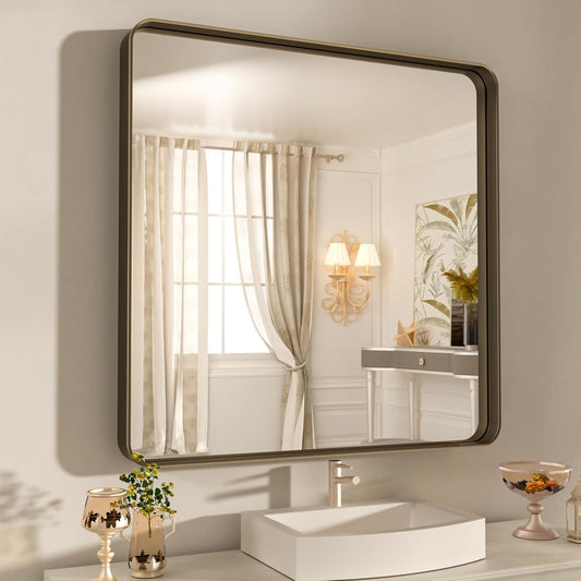 WEER 36x30 Inch Bronze Bathroom Mirror for Vanity, Brushed Bronze Metal Frame Mirror for Wall, Rounded Rectangle Bronze Frame Mirror with Tempered Glass, Anti-Rust (Horizontal/Vertical)