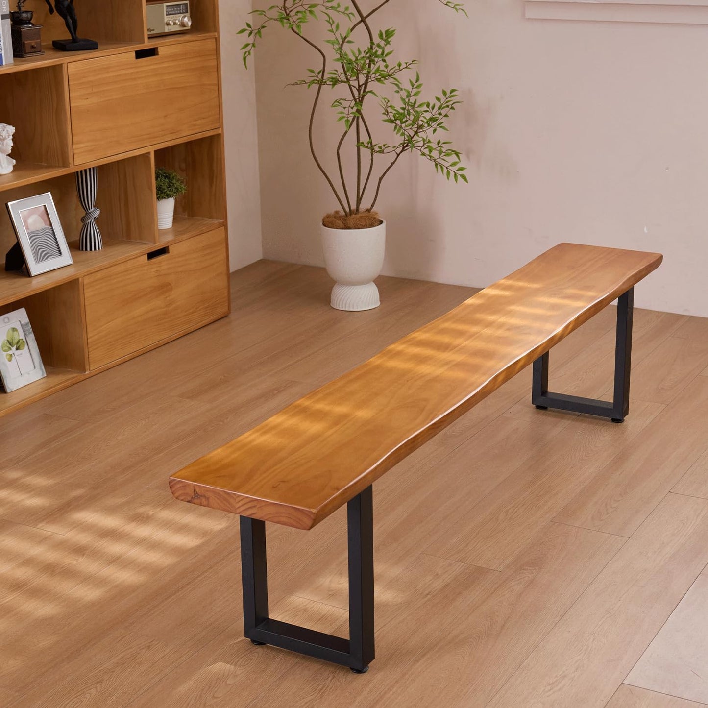 Durable Solid Wood Top Bench with Sturdy Metal Legs – Versatile Dining & Office Seating - Multi-Size Options Ideal for Living Room, Dining Room, and Home Office(Dark yellowbench, 70.87in)