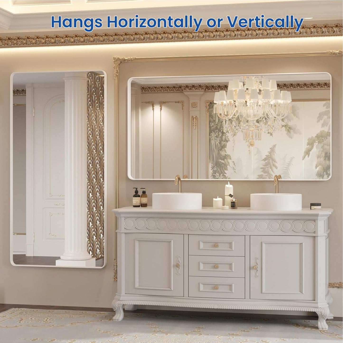 WEER White Bathroom Mirror 60X30 Inch, Rounded Rectangle White Metal Frame Mirror, Matte White Bathroom Vanity Mirror with Tempered Glass, Anti-Rust, Hangs Horizontally or Vertically