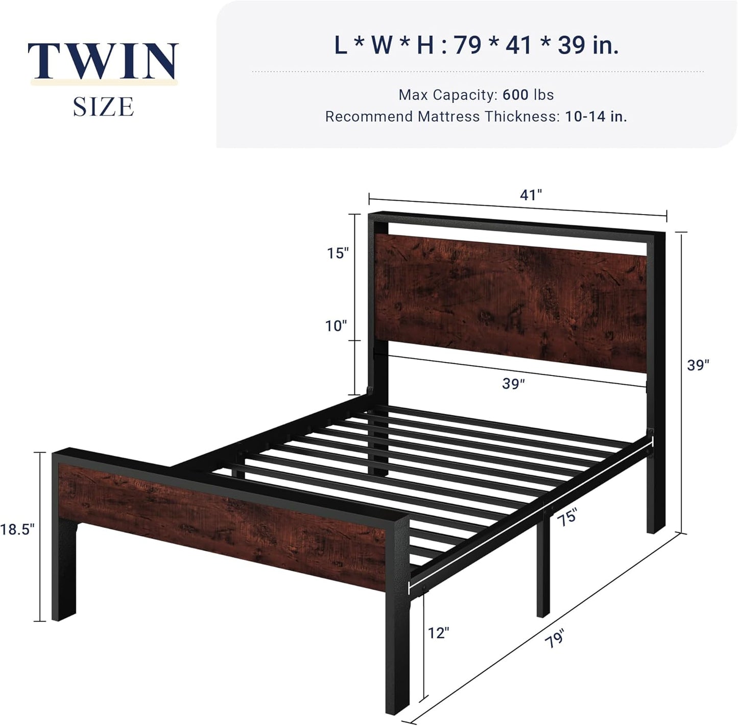 Allewie Twin Size Platform Bed Frame with Wooden Headboard and Footboard, Heavy Duty Metal Slats Support, No Box Spring Needed, Under-Bed Storage, Noise Free, Easy Assembly, Mahogany