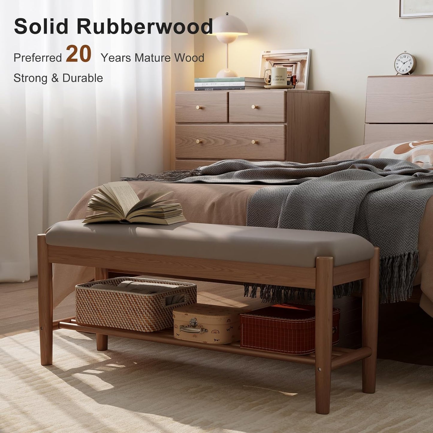 Shoe Bench Entryway with Cushion, Solid Wood Bench with Shoe Storage, 2-Tier Shoe Rack Bench for Entryway,Hallway (Gray)