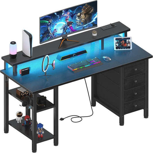 Lufeiya Black Gaming Desk with LED Lights and Power Outlets, 47 inch Computer Desk with Fabric Drawers and Storage Shelves, Home Office Desk with Monitor Stand, Black