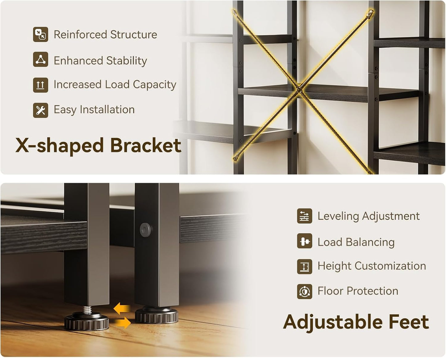 Casaottima Triple 5 Tier Bookshelf, Large Bookcase with 14 Open Display Shelves, Modern Industrial Book Shelves Book Case for Bedroom, Wide Standing Shelving Unit for Living Room Home Office, Black