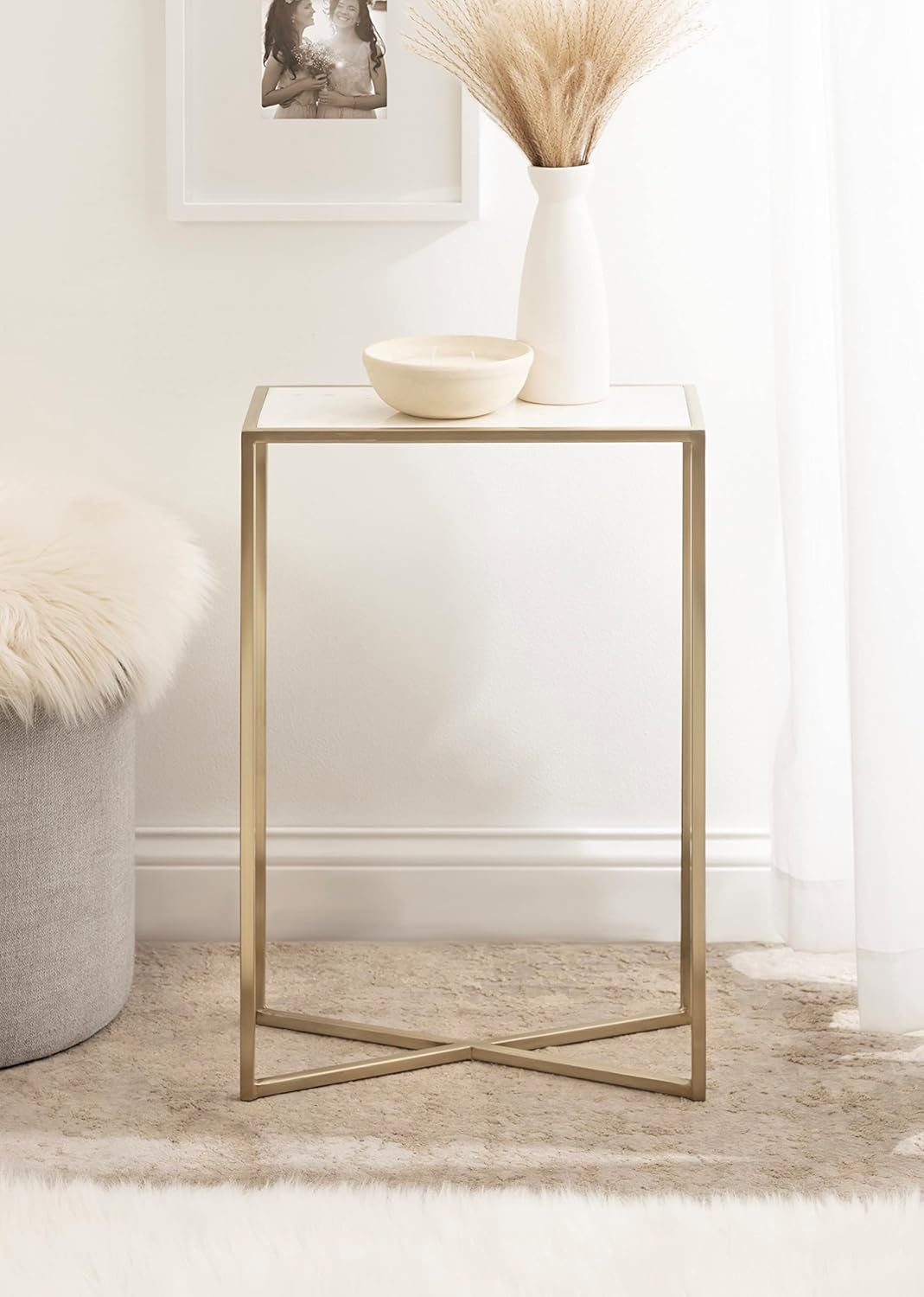 Kate and Laurel Jaspur Modern Slim Side Table, 16 x 8 x 24, White Marble and Gold, Decorative Glam Narrow End Table for Use as Narrow Bedroom Nightstand or Living Room Accent