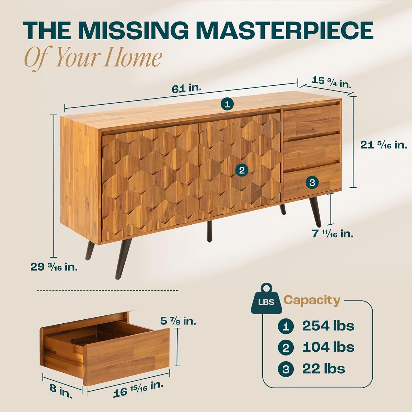 Bme Sideboard Georgina Solid Wood 2 Doors & 3 Drawers, 61'' Mid Century Modern Cabinet with Geometric Pattern for Kitchen, Dining, Living Room, Teak Brown