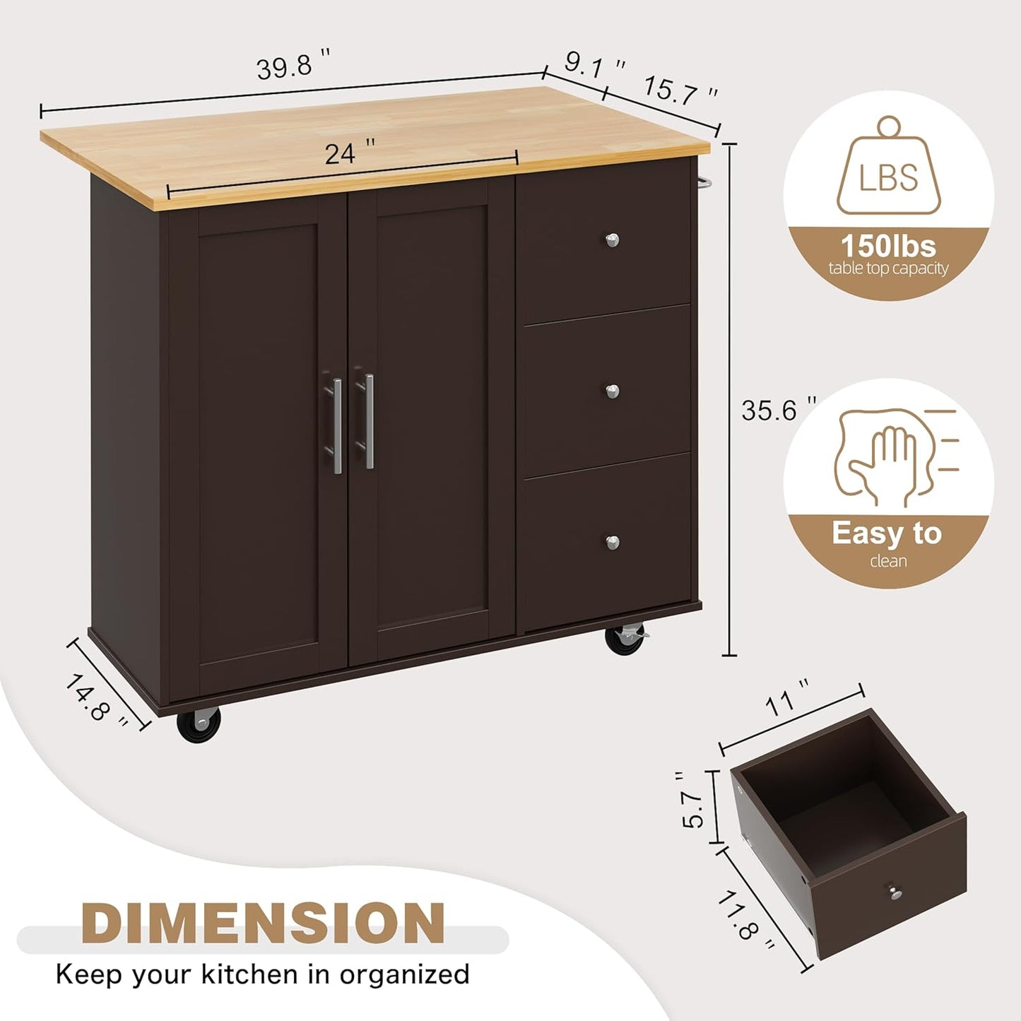 Shintenchi Kitchen Island with Folding Drop Leaf, Rolling Island Table with Storage, Kitchen Cabinet on Wheels with Seating Area for Kitchen, Bar Cart with Cabinet, Brown