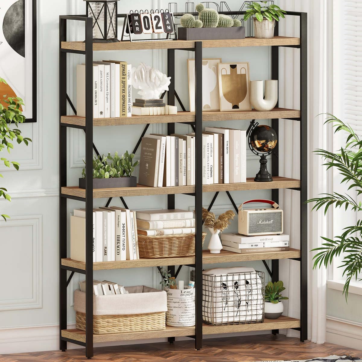 FATORRI Bookshelf, 5 Tier Industrial, Tall Etagere Bookcase, Rustic Wood and Metal Book Shelf with Large Open Shelving Unit for Home Office Living Room (Rustic Oak, 51 Inch Wide)