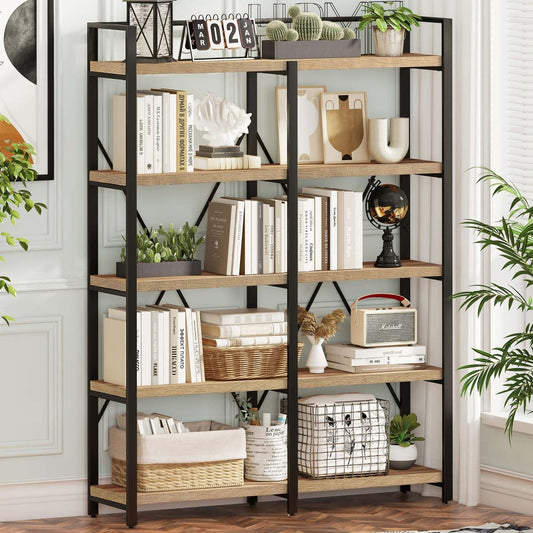 FATORRI Bookshelf, 5 Tier Industrial, Tall Etagere Bookcase, Rustic Wood and Metal Book Shelf with Large Open Shelving Unit for Home Office Living Room (Rustic Oak, 51 Inch Wide)