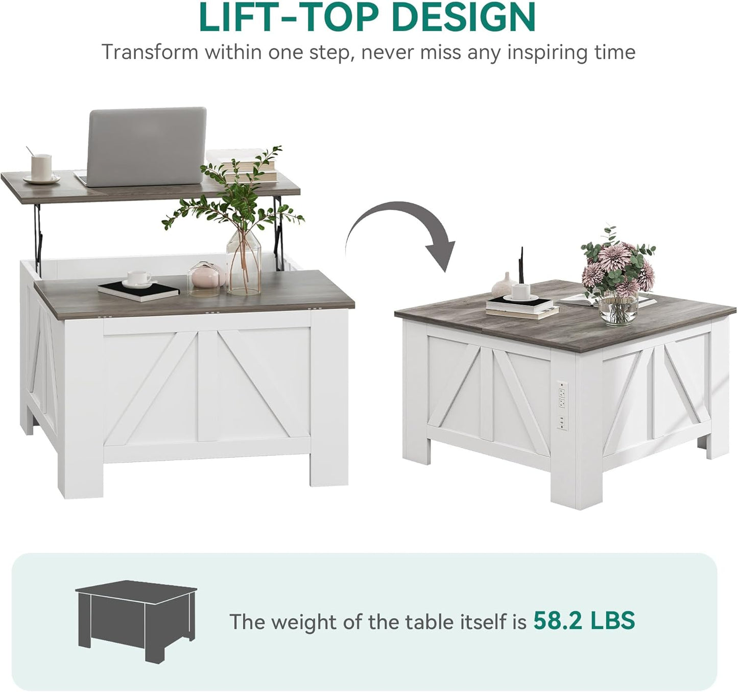 YITAHOME Farmhouse Lift Top Coffee Table with Storage, Wood Square Center Table with Charging Station & USB Ports and Hidden Compartment Coffee Tables for Living Room Bedroom, Home Office, White