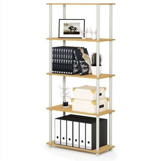 Furinno Turn-N-Tube 5-Tier Multipurpose Shelf / Display Rack / Storage Shelf / Bookshelf, Round Tubes, Beech/White