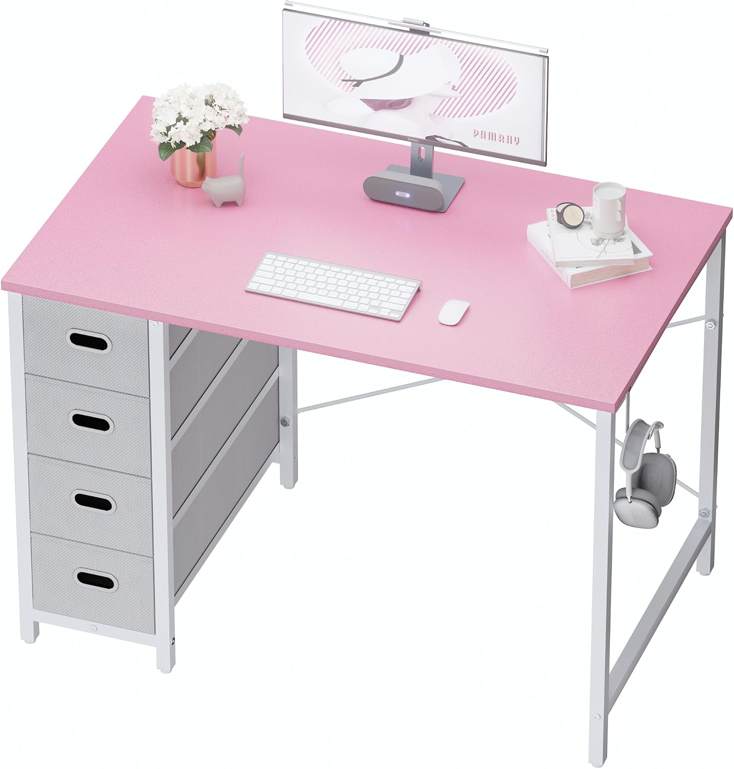 Pamray 40 Inch Computer Desk with 4 Drawers Small Office Desk for Home Bedroom Study Writing Simple Modern Computer Table Pink