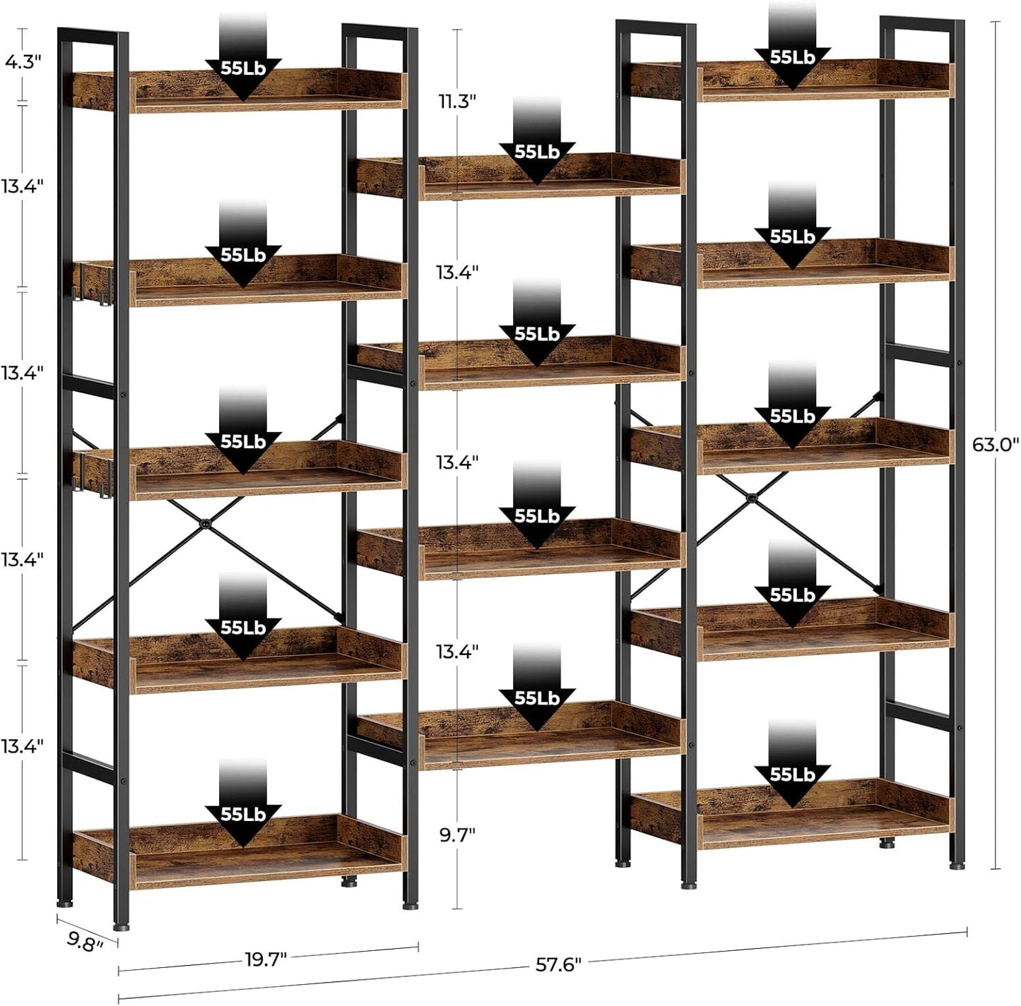 Rolanstar Bookshelf 5 Tiers, Triple Bookcase with Open Display Shelves, Industrial Wide Bookshelf with Metal Frame for Living Room, Office, Rustic Brown