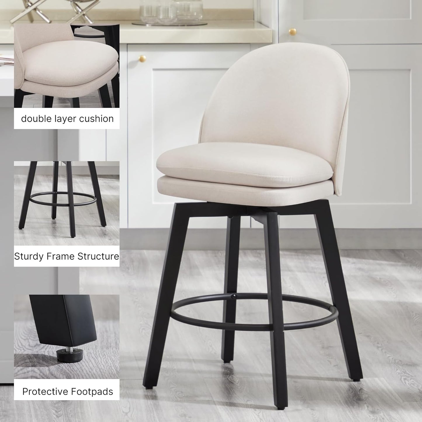 Counter Height Barstools 26 inch Upholstered Swivel Bar Stools with Back and Wood Legs for Kitchen Island,Set of 2,Beige Fabric-Armless