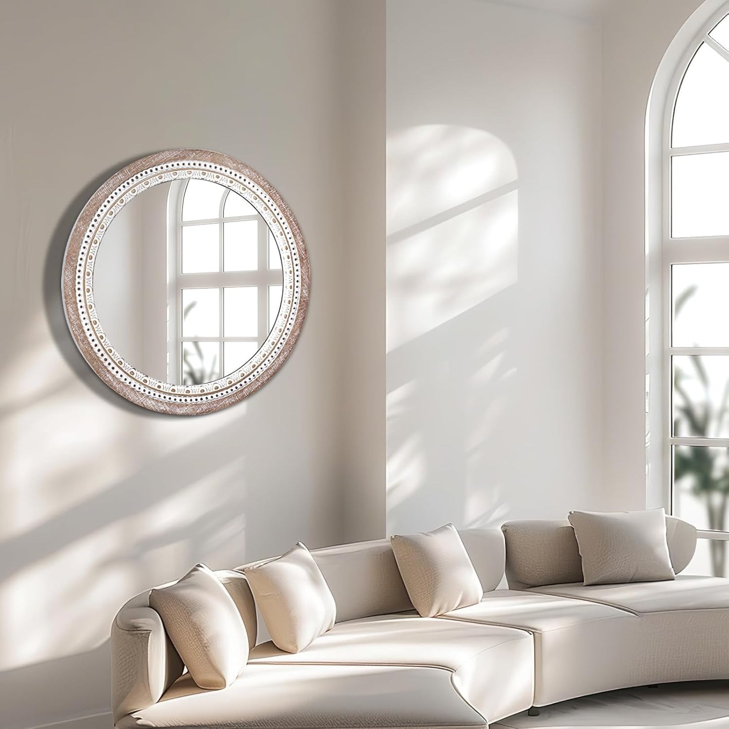 32" Farmhouse Wooden Decorative Round Mirrors for Wall Decor with Beads Frame, Rustic Large Circle Mirrors for Bathroom, Over Sink, Bedroom, Living Room, Entryway