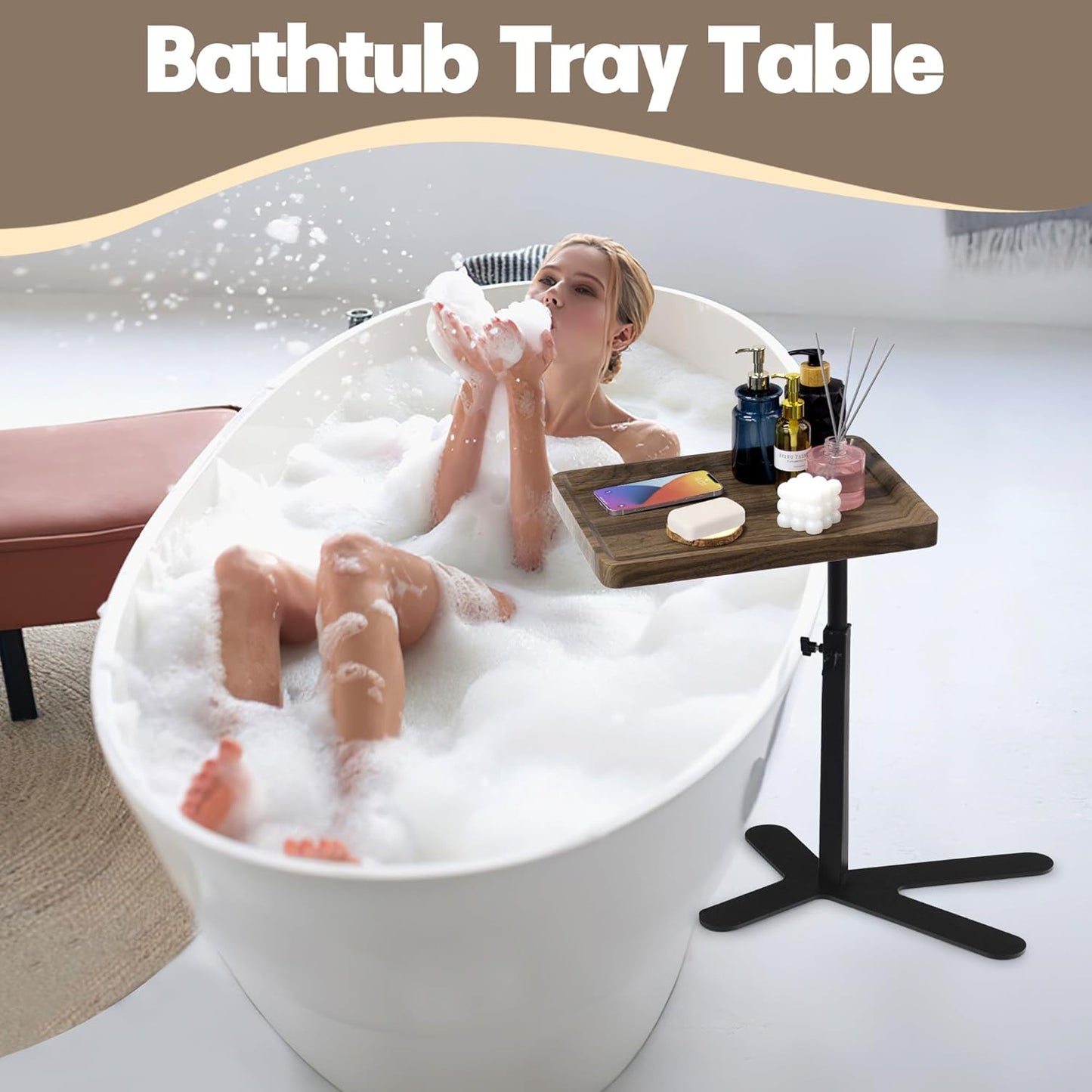 Aoligrace Walnut Side Table Adjustable Height, 360° Swivel C Shaped End Table with Metal Base, Small TV Tray for Living Room Bedroom Small Spaces, Sofa Couch Tables That Slide Under