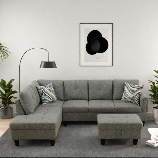 Modern Living Room Furniture Sets with Pillows, Modular Sectional Couches with Chaise Lounge, 4-Seaters L Shape Sofa with Storage Ottoman, for Living Room, Grey