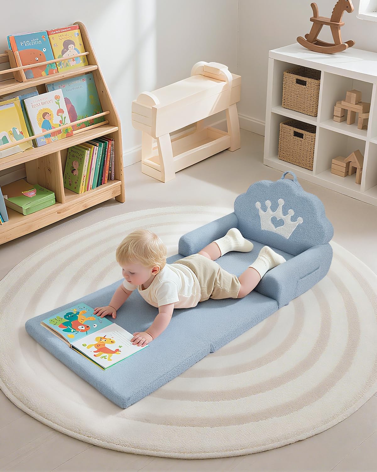 2-in-1 Kids Couch Fold Out, Soft Teddy Sherpa Toddler Couch with Crown Design, Convertible Kids Sofa to Lounger for Nap & Playtime, Cozy Children's Furniture for Boys & Girls, Blue
