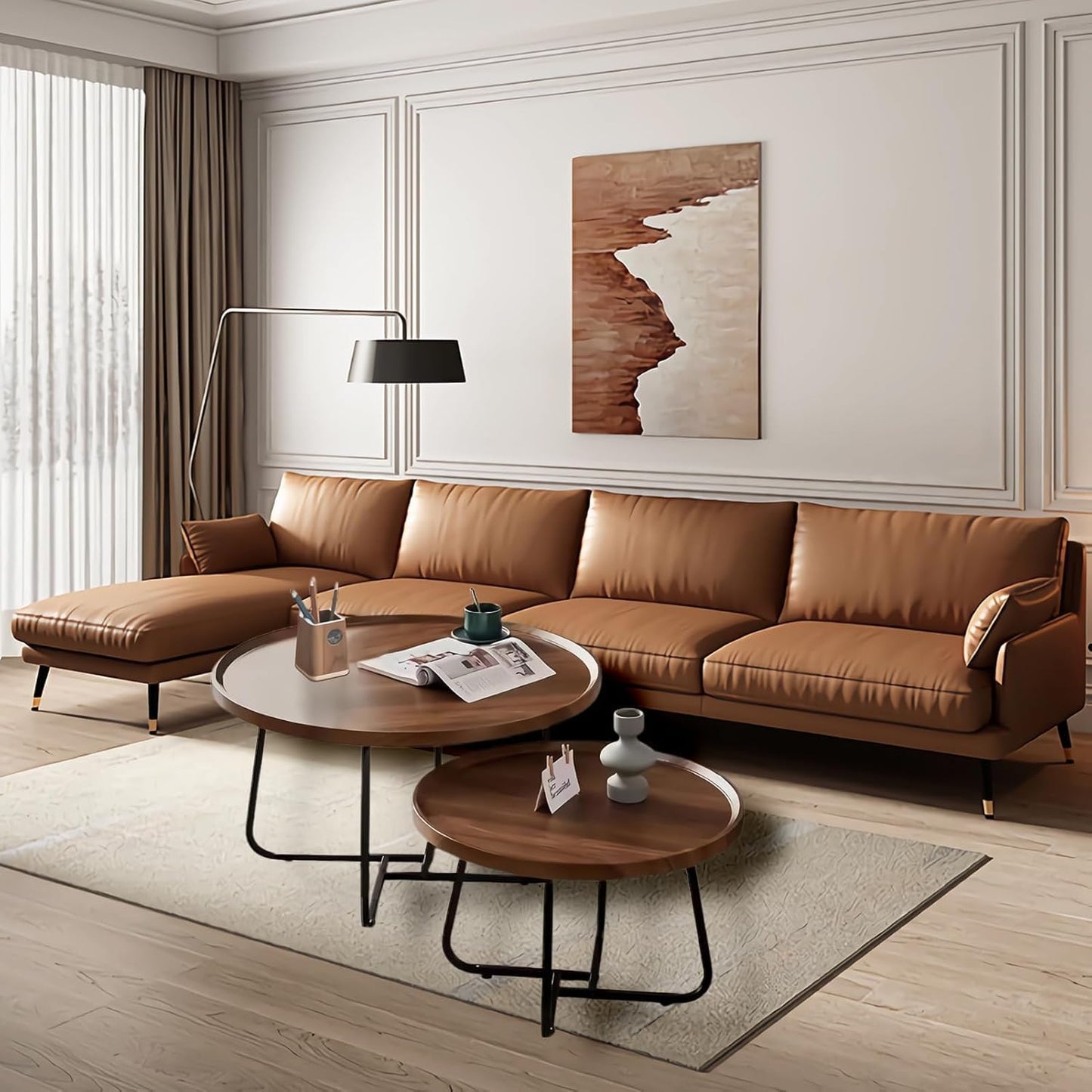 Round Nesting Coffee Table Set of 2, 28" Round Walnut with Fluted,Mid Century Modern,Center for Living Room Bedroom Office Balcony Yard