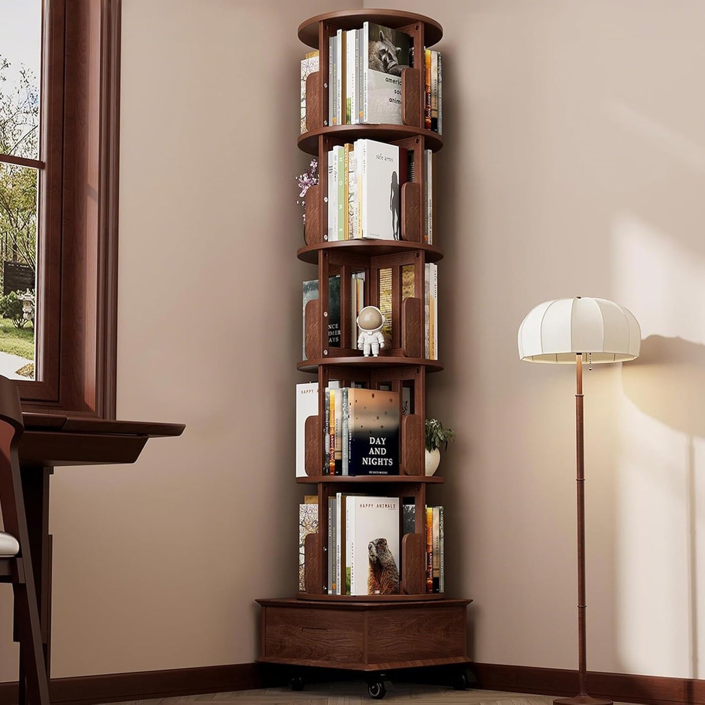 Solid Wood Rotating Bookshelf Tower on Wheels, 5-Tier Spinning Bookcase with Drawer, 72" Floor Standing Revolving Bookshelf, Rotating Bookcase for Small Space, Walnut