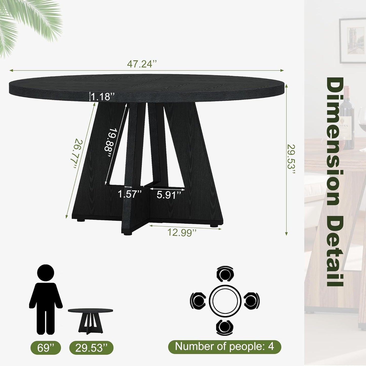 NicBex 47-Inch Round Dining Table for 4, Farmhouse Dinner Table Small Farmhouse Kitchen Tables with Wood Pedestal Base for Dining Room, Kitchen, Living Room, Black