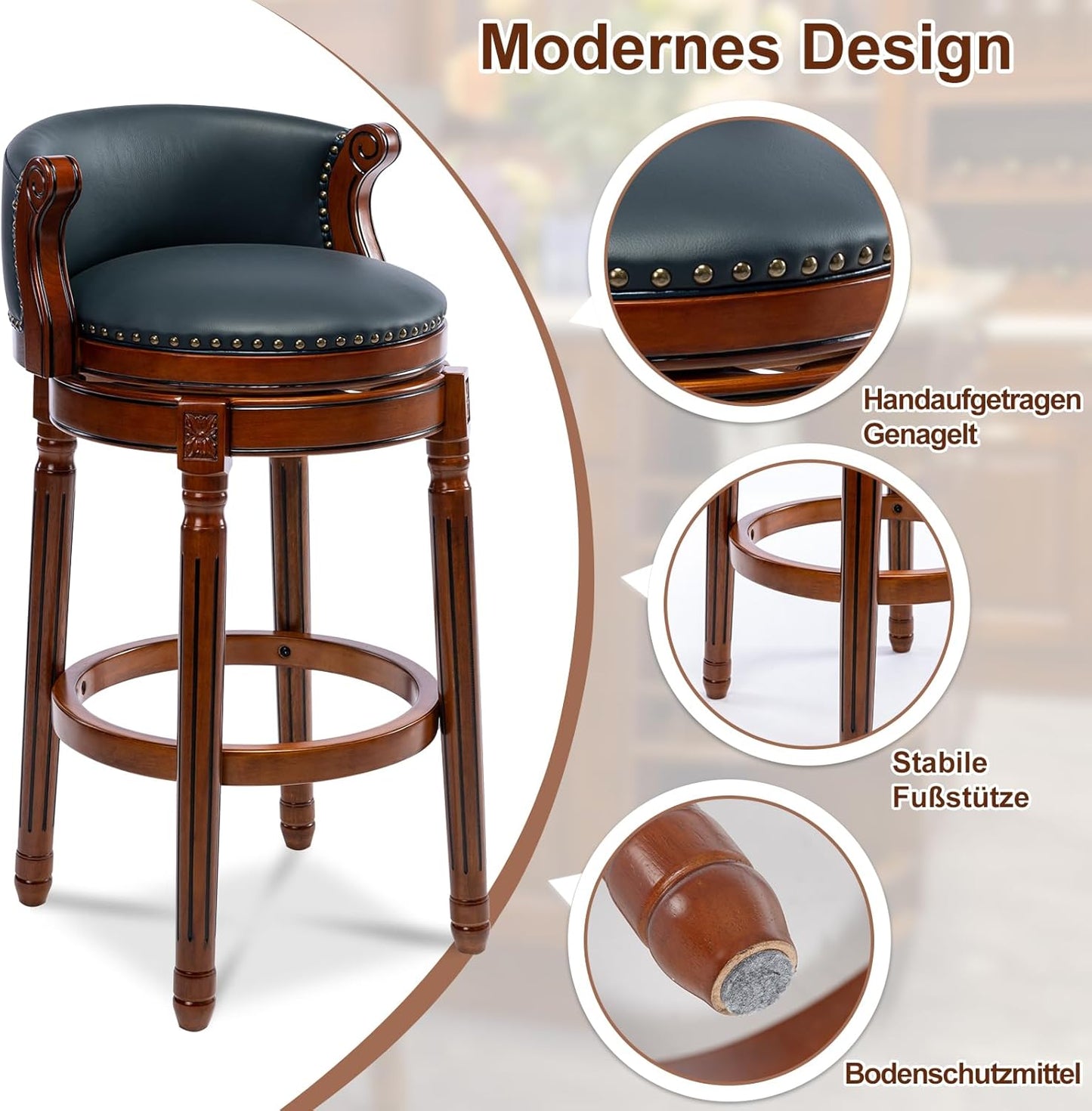 CozyRain Bar Stools Rubber Wood Counter Height Bar Stool Leather Upholstered Swivel Barstools with Back & Footrest for Home,Kitchen,Counter,Dining Room (Navy Blue, Seat Height 29.5 in)