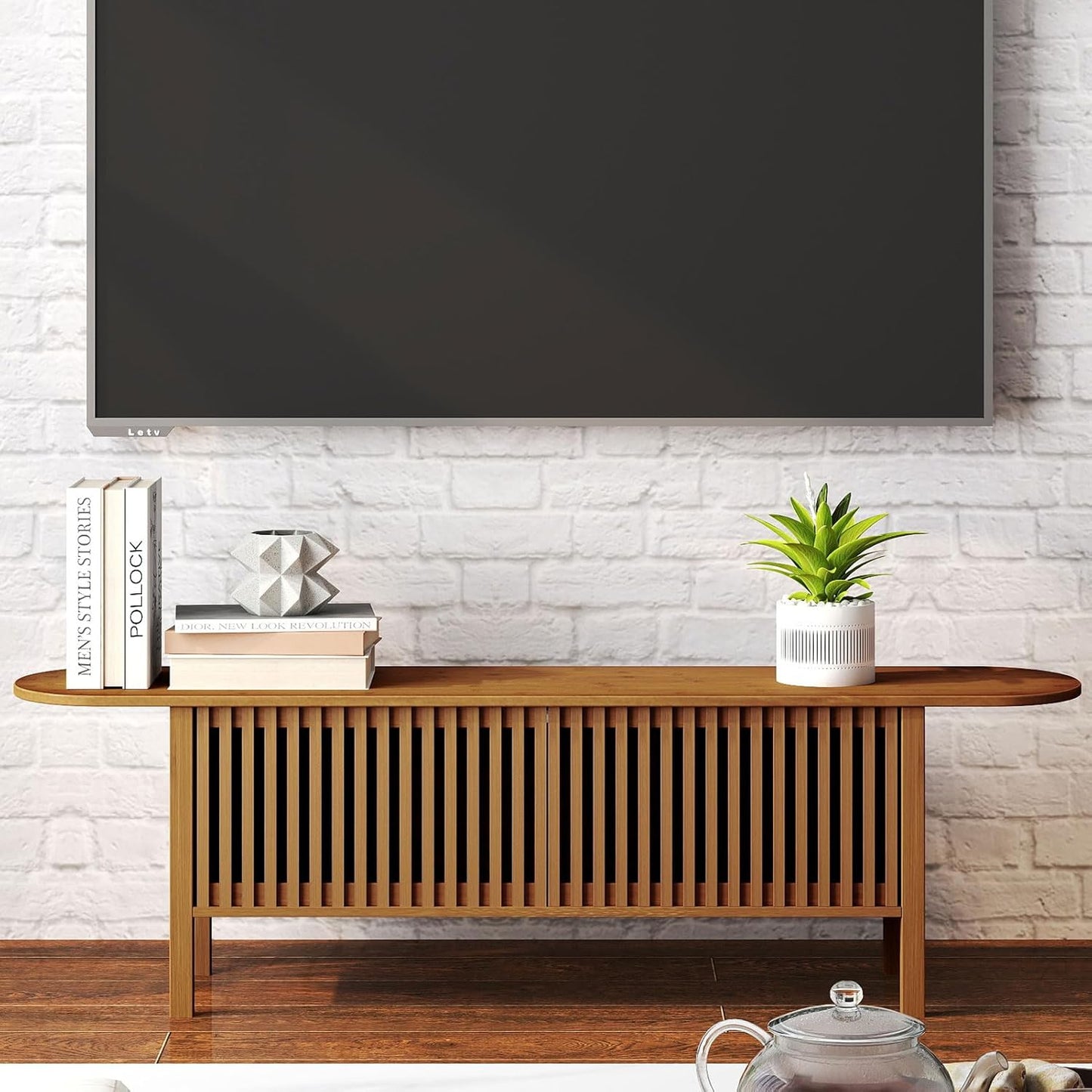 HollyHOME Bamboo TV Stand with Storage for TVs up to 65", Modern Entertainment Center with Fence Door, Accent TV Table with 2 Shelf, Media Console TV Stand for Living Room, Bedroom, Walnut