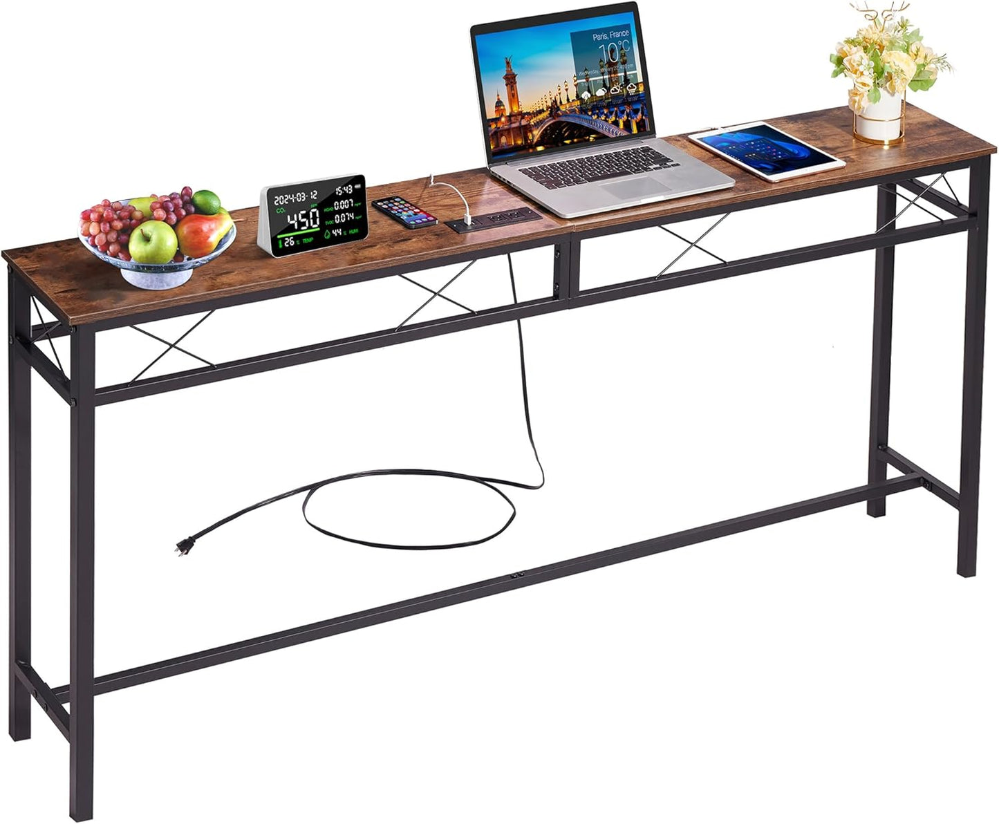 VECELO 71In Extra Long Narrow Sofa/Console Table with Charging Station & Power Outlet and USB Ports, for Entryway, Living Room, Office, Industrial, Rustic Brown