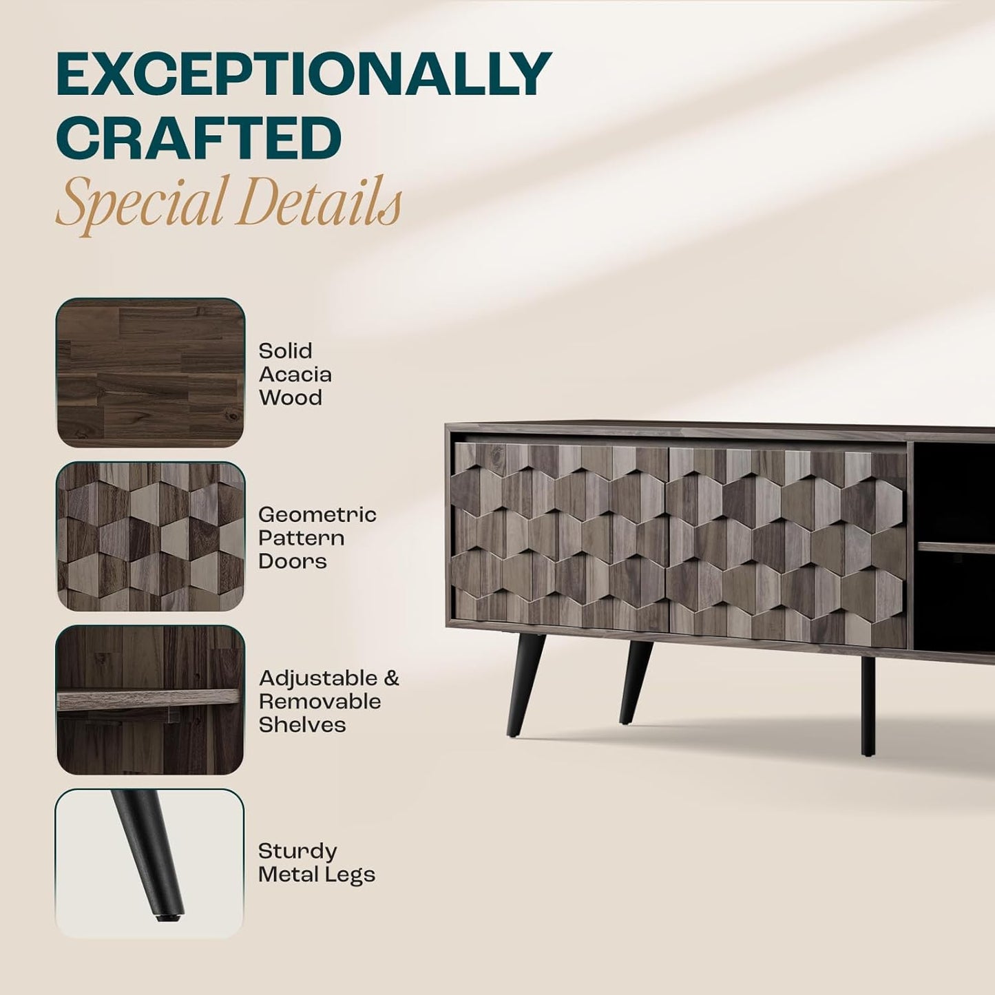 Bme Georgina 65-Inch Solid Acacia Wood TV Stand, Quick Assembly Entertainment Center with Storage, Geometric Pattern Console for Living Room, Bedroom, and Dining Room, Mocha