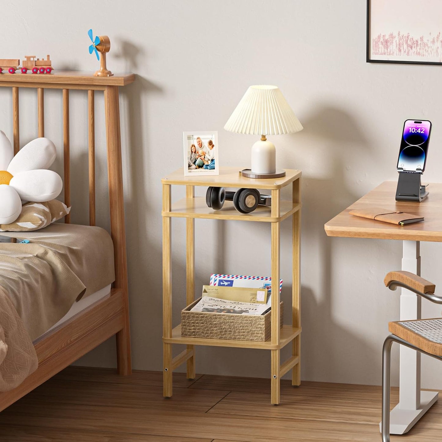 28in Tall Bamboo Side Table Set of 2, 3-Tier Small Narrow End Table for Couch, Skinny Nightstand for Small Space, Farmhouse Slim Night Stand with Storage, Wooden Thin Bedside Table, Natural