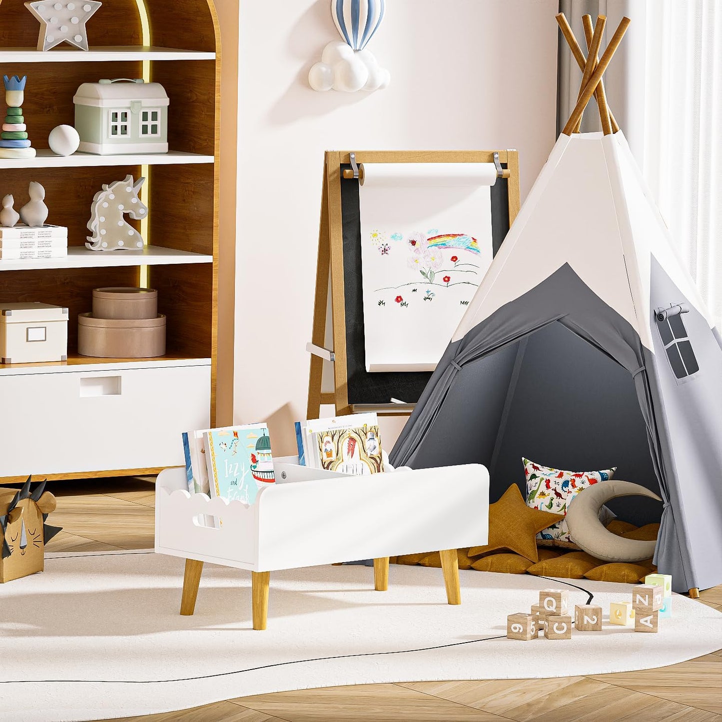 GRANTLEY Montessori Kids Bookshelf for Toddler - Wooden Book Shelf for Kids Rooms, Little Low Book Basket with Dividers, Floor Book Caddy, Minimalist Mobile Bookcase for Classroom Nursery