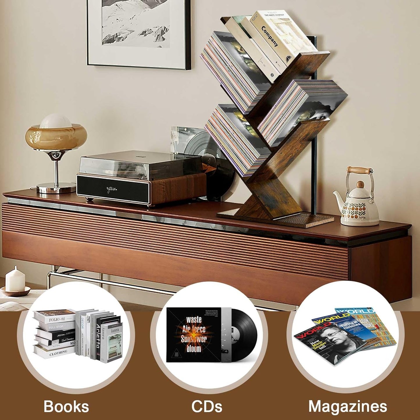 5 Tier Tree Bookshelf Floating Book Shelves for Wall Mount, Wooden Hanging Shelves Storage for Displaying Books/CDs/Magazine, Unique Wall Bookcase Organizer Shelves for Home, Office, Living Room