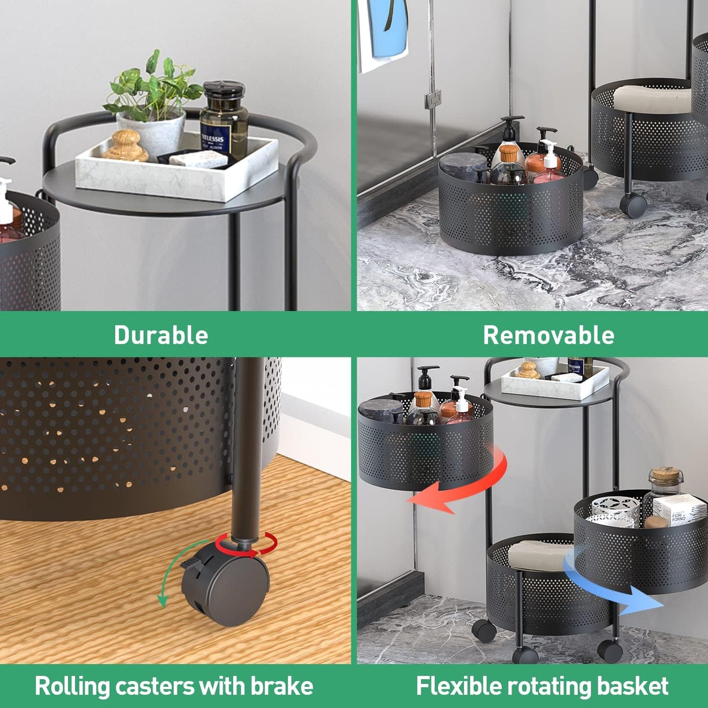 JAQ Rotating Storage Shelves Rack for Kitchen, 3-Tier Multi Layer Removable Basket Shelf Organizer on Rolling Wheels for Fruit Vegetable Grocery Corns Potato Onion (3-Tier, Black)