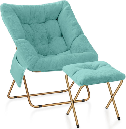 Comfy Saucer Chair for Adults, Foldable Living Room Chairs, Soft Faux Fur Lounge Chair for Bedroom, Reading Chairs, X-Large (Ottoman-Mint)