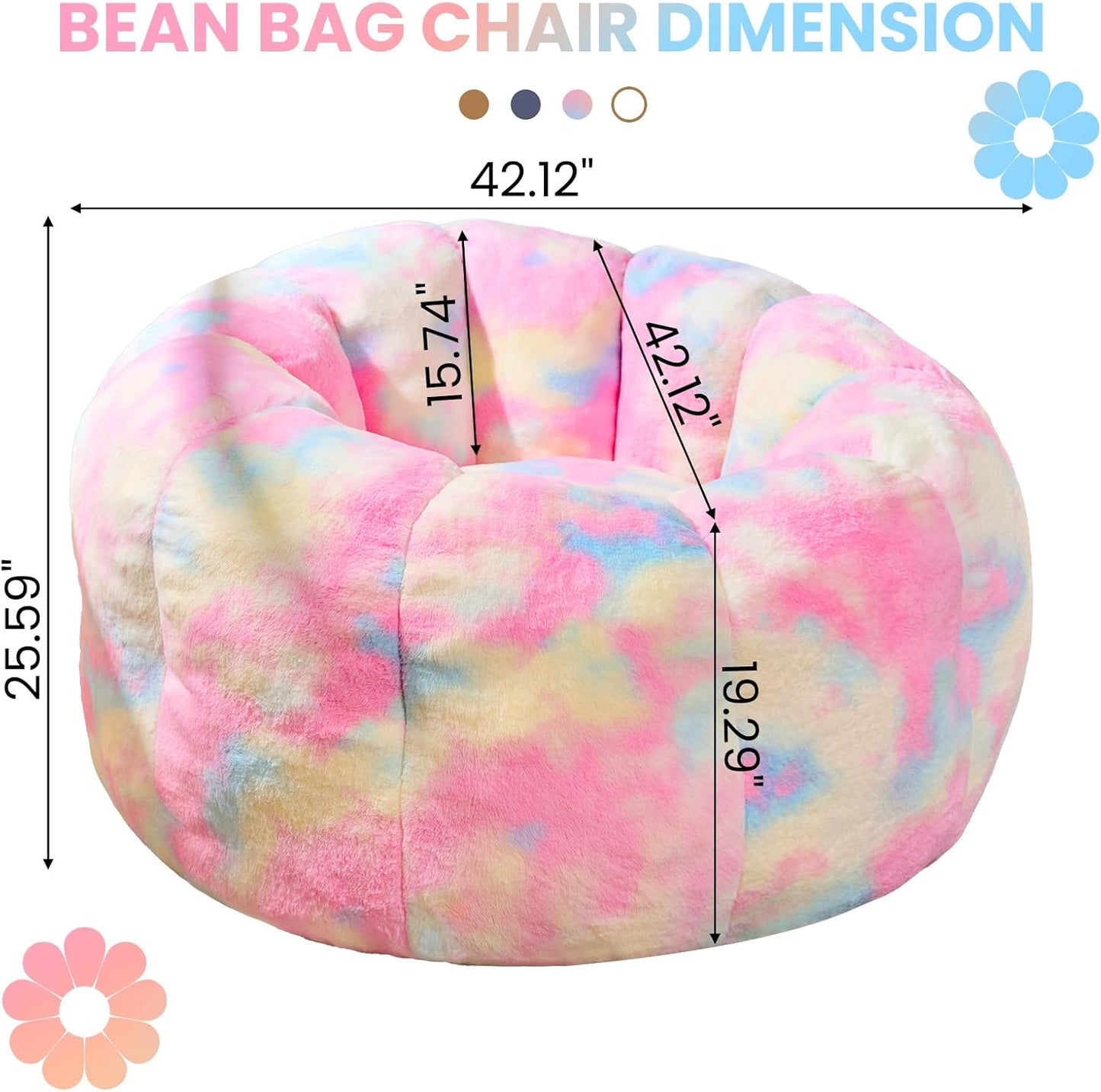 Giant Bean Bag Chair, Faux Fur Adult Chair with Petal Armrest Oversize Colorful Chair for Bedroom, Living Room, Dorm, Game - Rainbow, X-Large, High Support
