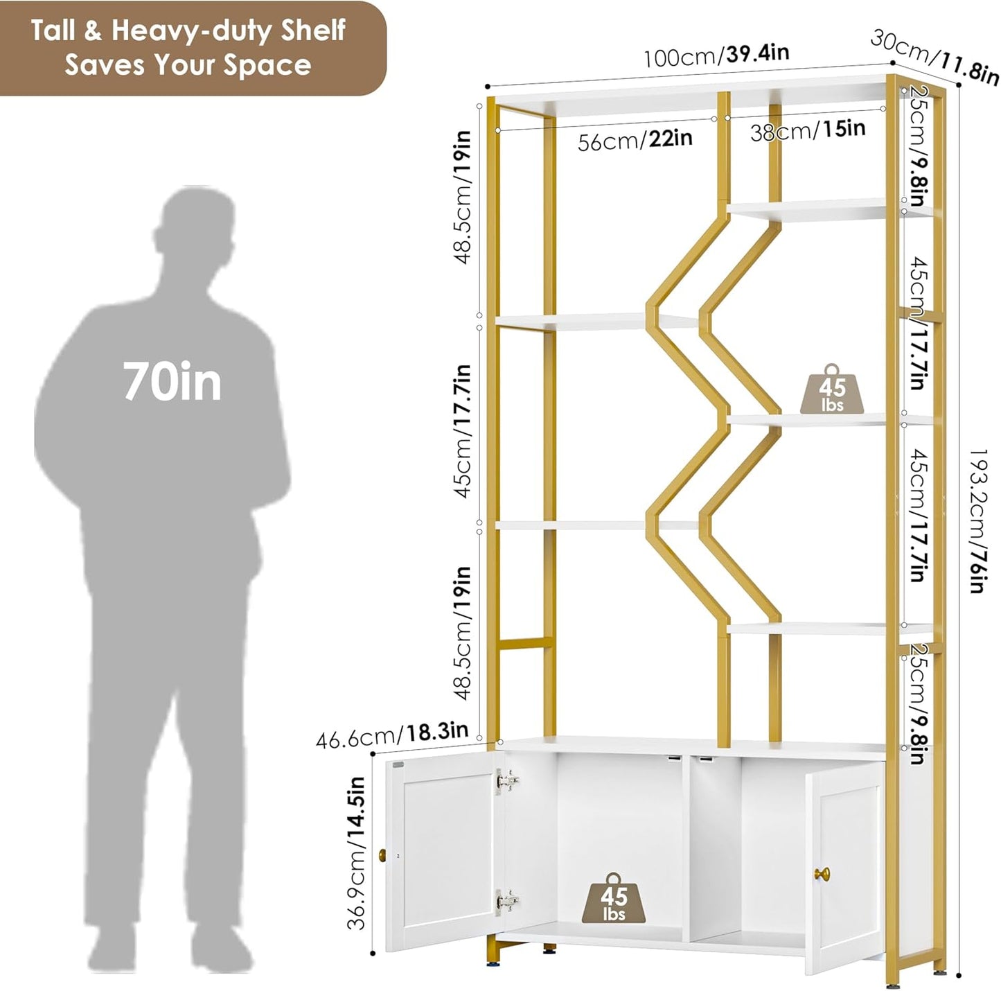 Keyluv 76" Tall Gold Bookshelf with Cabinet Storage, Multifunctional Open Display Bookcase with Door, Large Book Shelf Organizer for Living Room, Home, Office, Heavy Duty Metal & Wood, Modern White