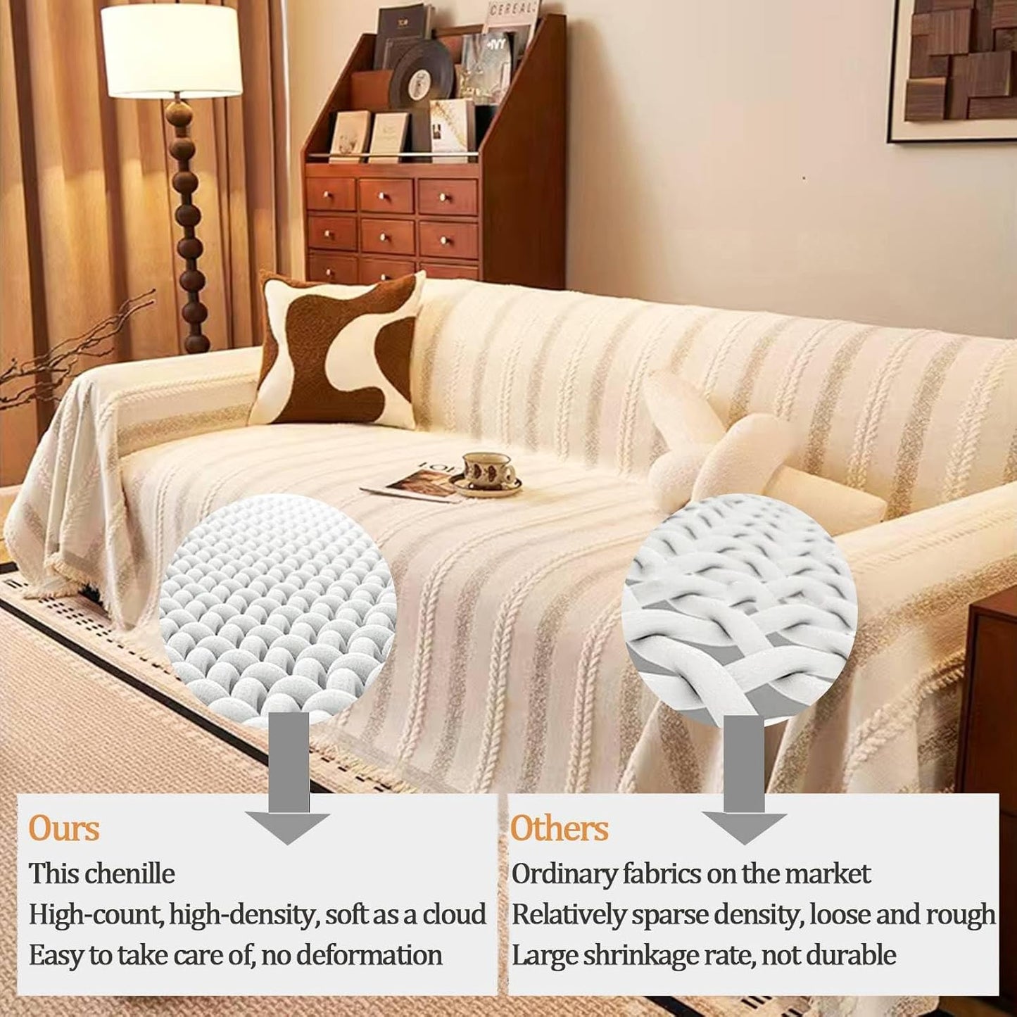 Couch Cover for Dogs Washable Sofa Cover, Sectional Couch Covers, Sofa Covers for 2 Cushion Couch, Non Slip Stripe Sofa Slipcovers Furniture Protector, Couch Protector from Cat Claws, Beige,75''x134''