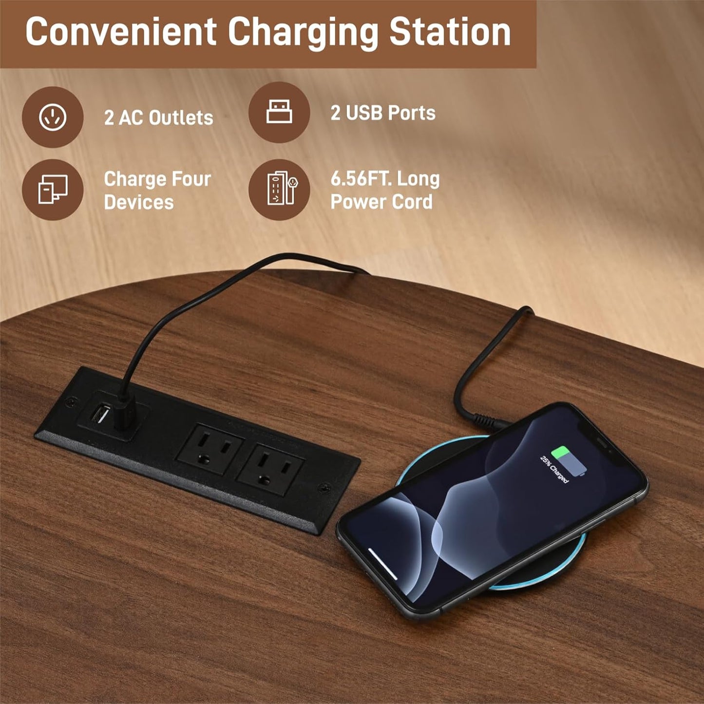 Mid-Century Fluted Oval Coffee Table with 360° Tambour Doors, Hidden Storage, Solid Wood Legs & 2 AC+2 USB Charging Station, Modern Coffee Table for Living Room, Apartment, Walnut