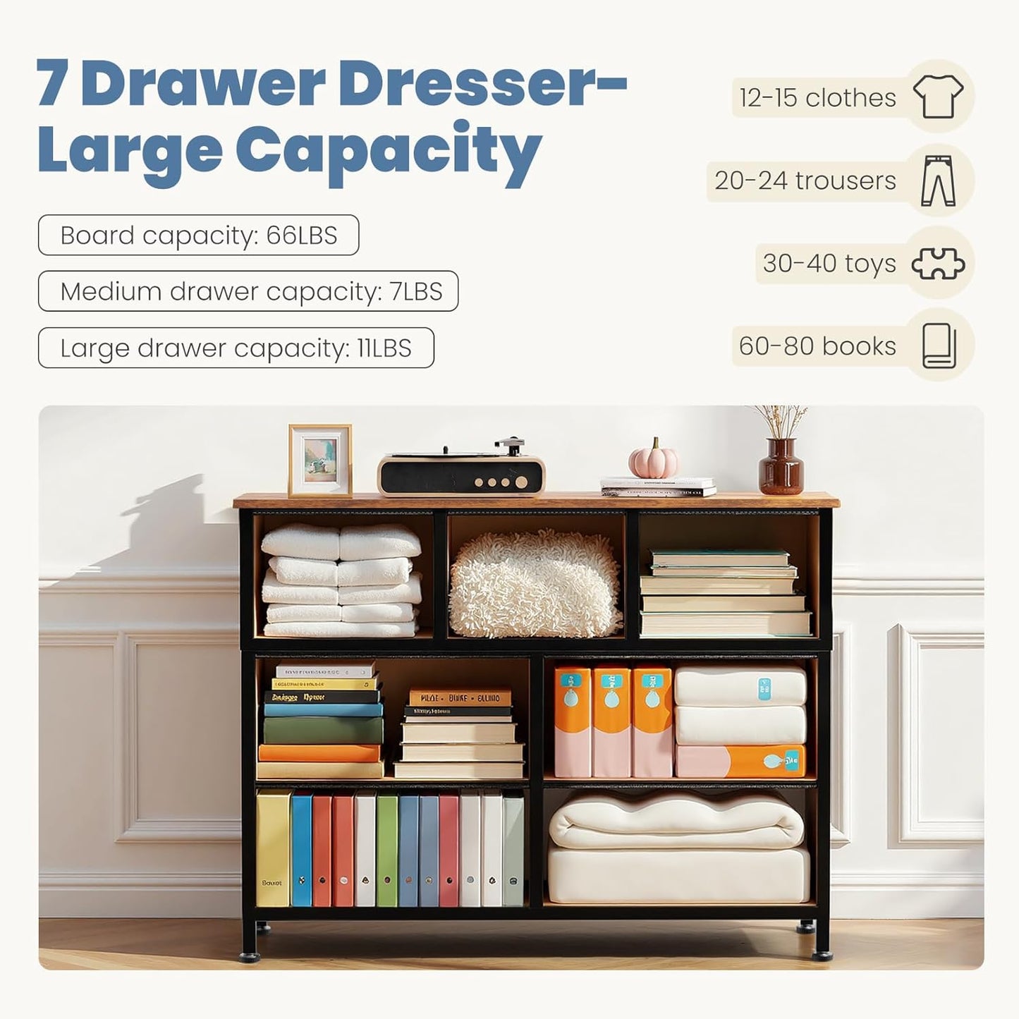DUMOS Dresser for Bedroom with 7 Drawers, Storage Organizer Units Furniture, Chest Tower TV Stand with Fabric Bins, Metal Frame, Wooden Top for Nursery, Living Room, Bedroom, Closet, Brown