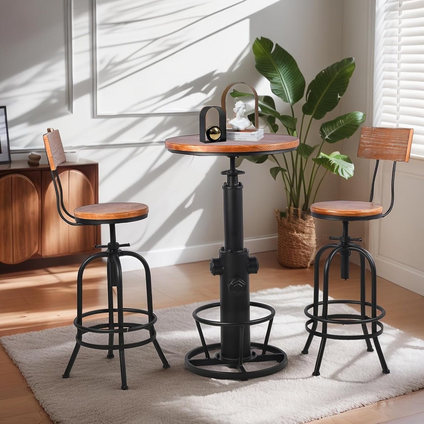 Vintage Bistro Table Height Adjustable 38.6-44.4inch Industrial Bar Table for Kitchen Dining Room Coffee House Pub Office Swivel Round Wooden Top for 2-3 People