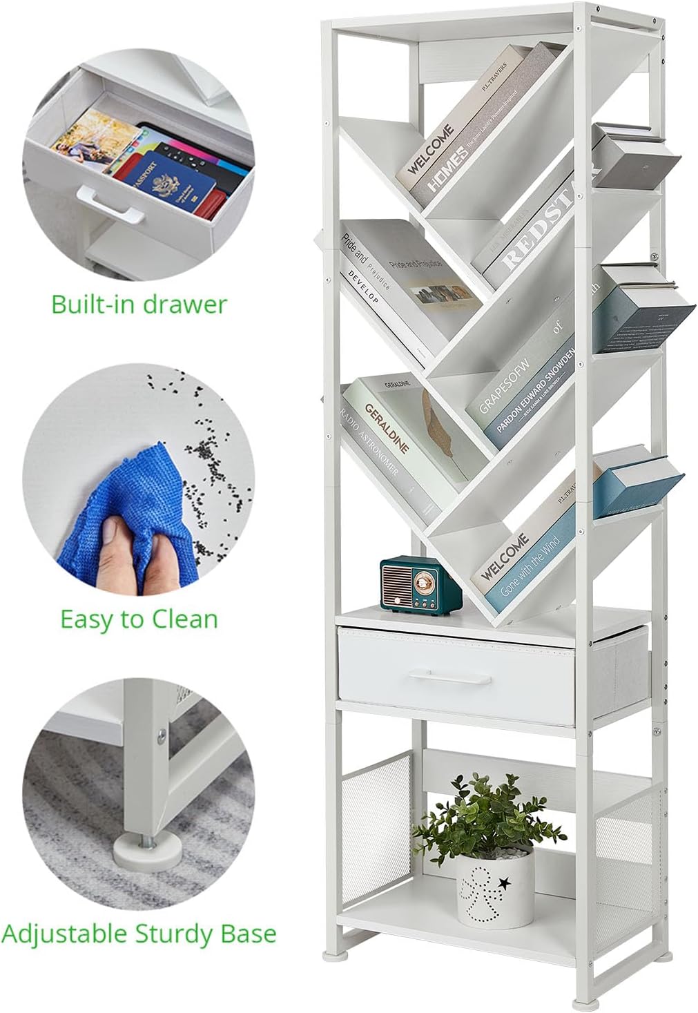 Bookshelf with Drawer,10 Tier Tree Bookcase Retro Floor Standing Bookshelves,Tall Wood Bookcases with Cabinet Storage Organizer for Living Room, Bedroom & Home Office, White