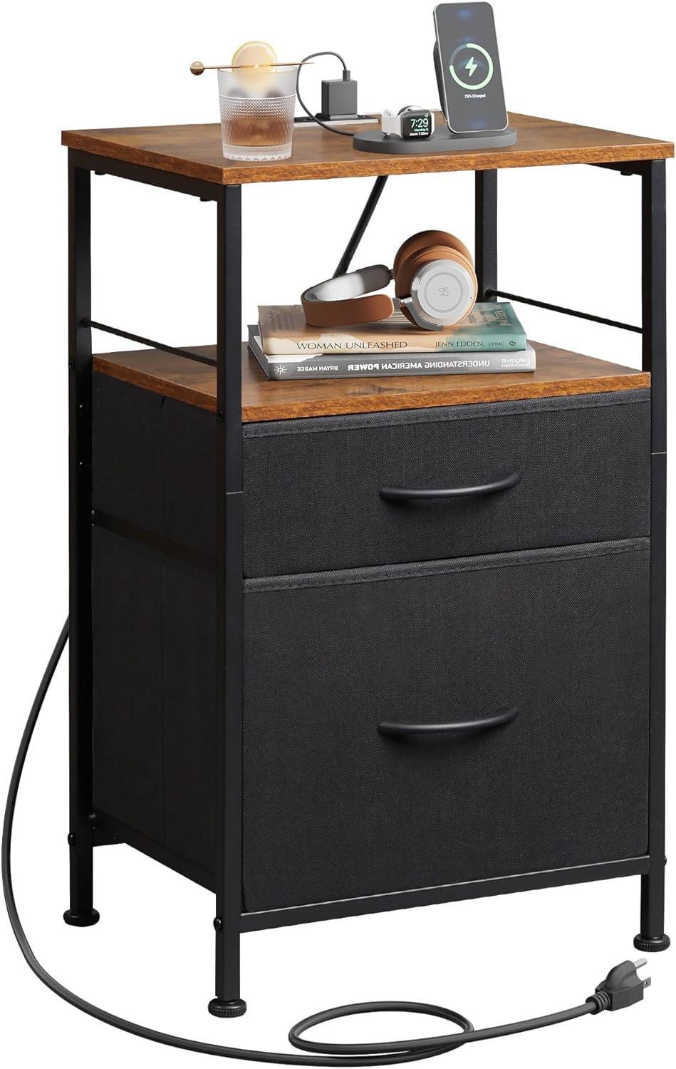 WLIVE Nightstand with Charging Station, Night Stand with 2 Fabric Drawers, Bedside Table, Small Dresser for Bedroom, Side Table with USB Ports and Outlets, Black and Rustic Brown
