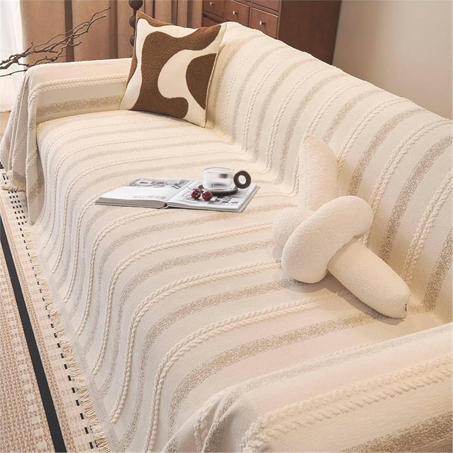 Couch Cover for Dogs Washable Sofa Cover, Sectional Couch Covers, Sofa Covers for 2 Cushion Couch, Non Slip Stripe Sofa Slipcovers Furniture Protector, Couch Protector from Cat Claws, Beige,75''x118''
