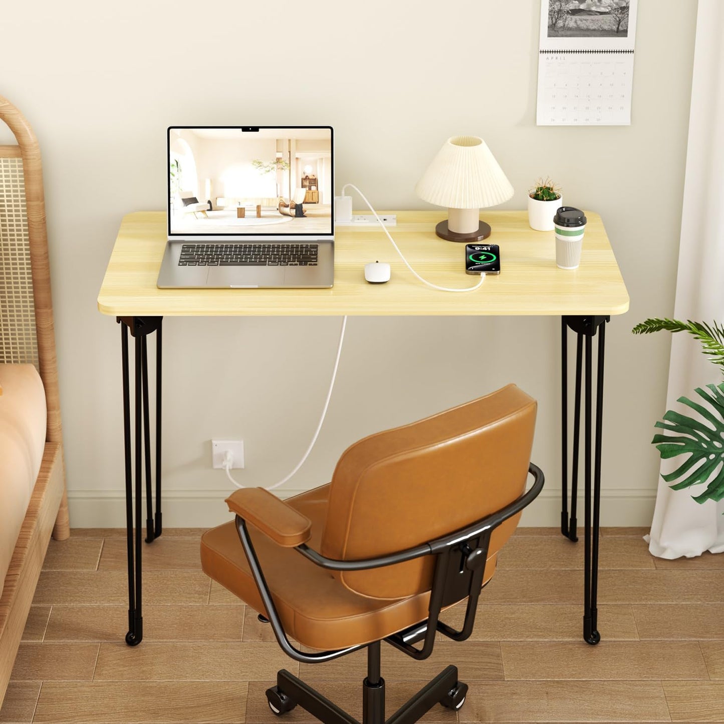 Mini Desk No Assembly Required, 31.5" Small Desk for Bedroom with Power Outlet & Hairpin Legs, 31.5" Foldable Desks for Small Spaces & Home Office, Beige Floor Patten