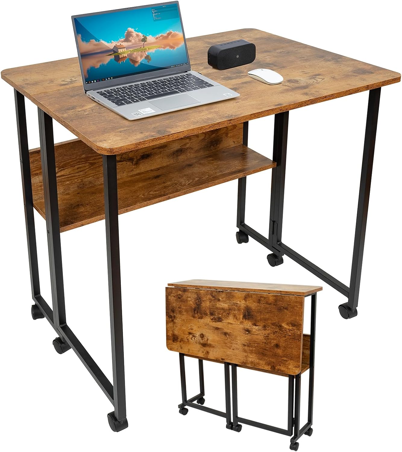 Mobile Foldable Desk w/Wheels and Feet Pads, Foldable Computer Desk, Folding Desk, Small Computer Desk for Small Spaces, Folding Table for Office Bedroom Living Room-Rustic Brown