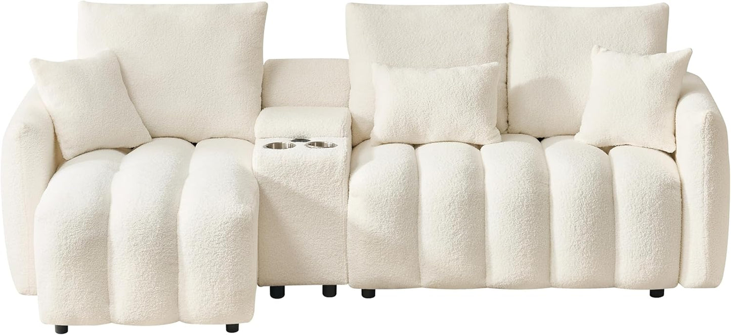 92-Inch Teddy Boucle Tufted Sofa Couch with Storage Console and Chaise Lounge, L-Shaped Left Facing Corner Sectional Sofa Couch with Cupholders, USB Ports and Golden Accent for Living Room Office