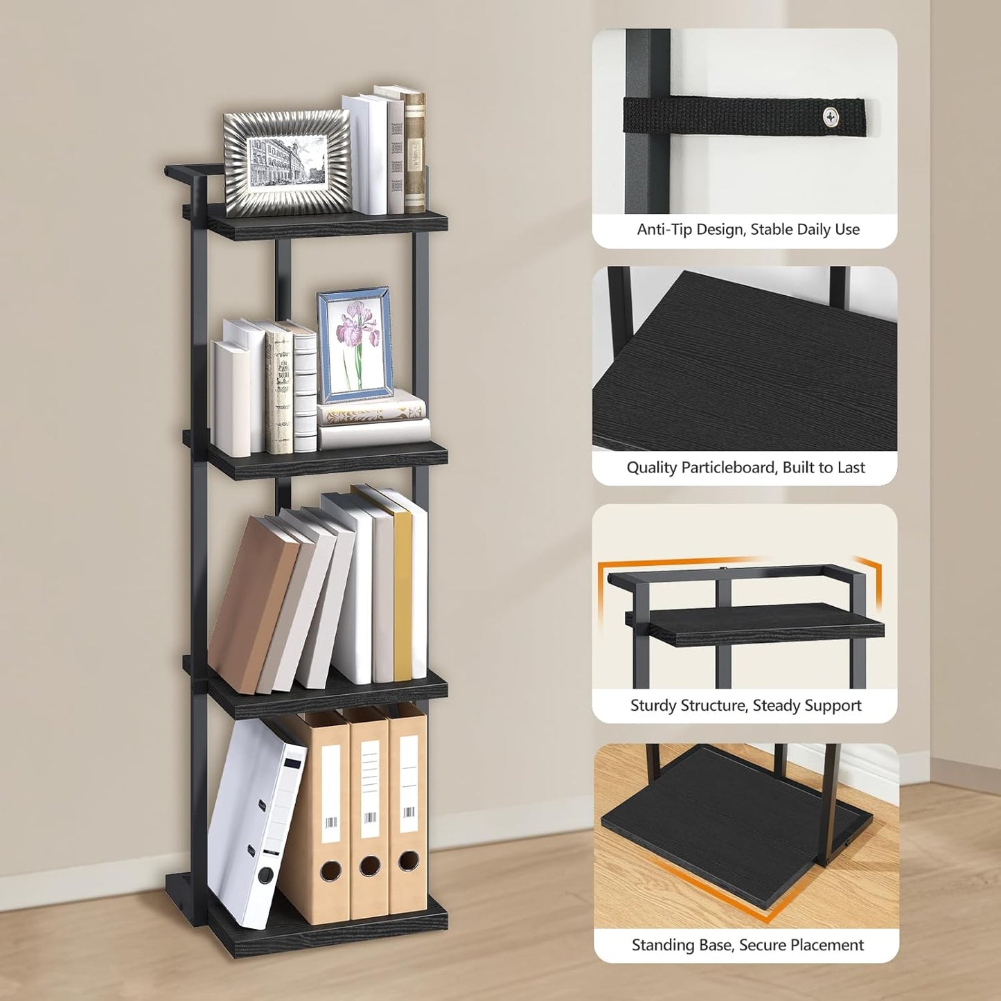 Bookshelf, 4-Tier Bookcase, Vertical Tall Narrow Book Shelf for Small Space, Open Storage Display Shelf with Stable Base & Anti-Tip Kits, for Living Room, Office, Study, Black BKBK11401