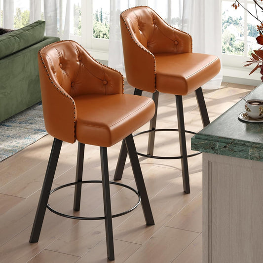 Tatub 26“ Brown Swivel Bar Stools Set of 2, Counter Height Bar Stools with Back, Upholstered Faux Leather Kitchen Barstools Counter Height for Kitchen Island