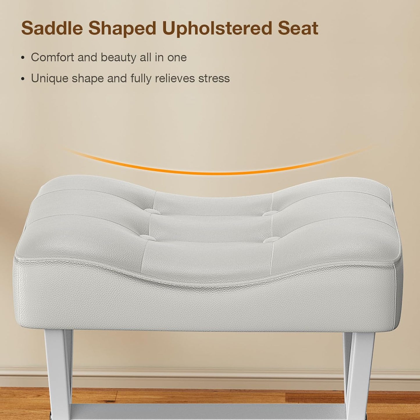 18-Inch Large Leather Vanity Stool, Vanity Chair with Metal X-Leg, Ottoman Foot Stool with Thick Padded Saddle Seat, White